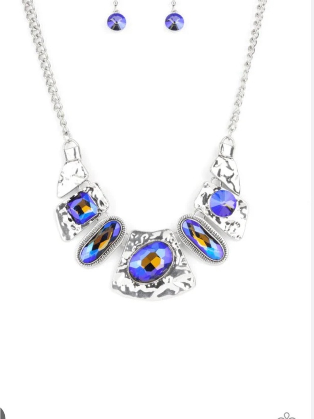 Silver Statement Necklace Set with Blue Iridescent Stones